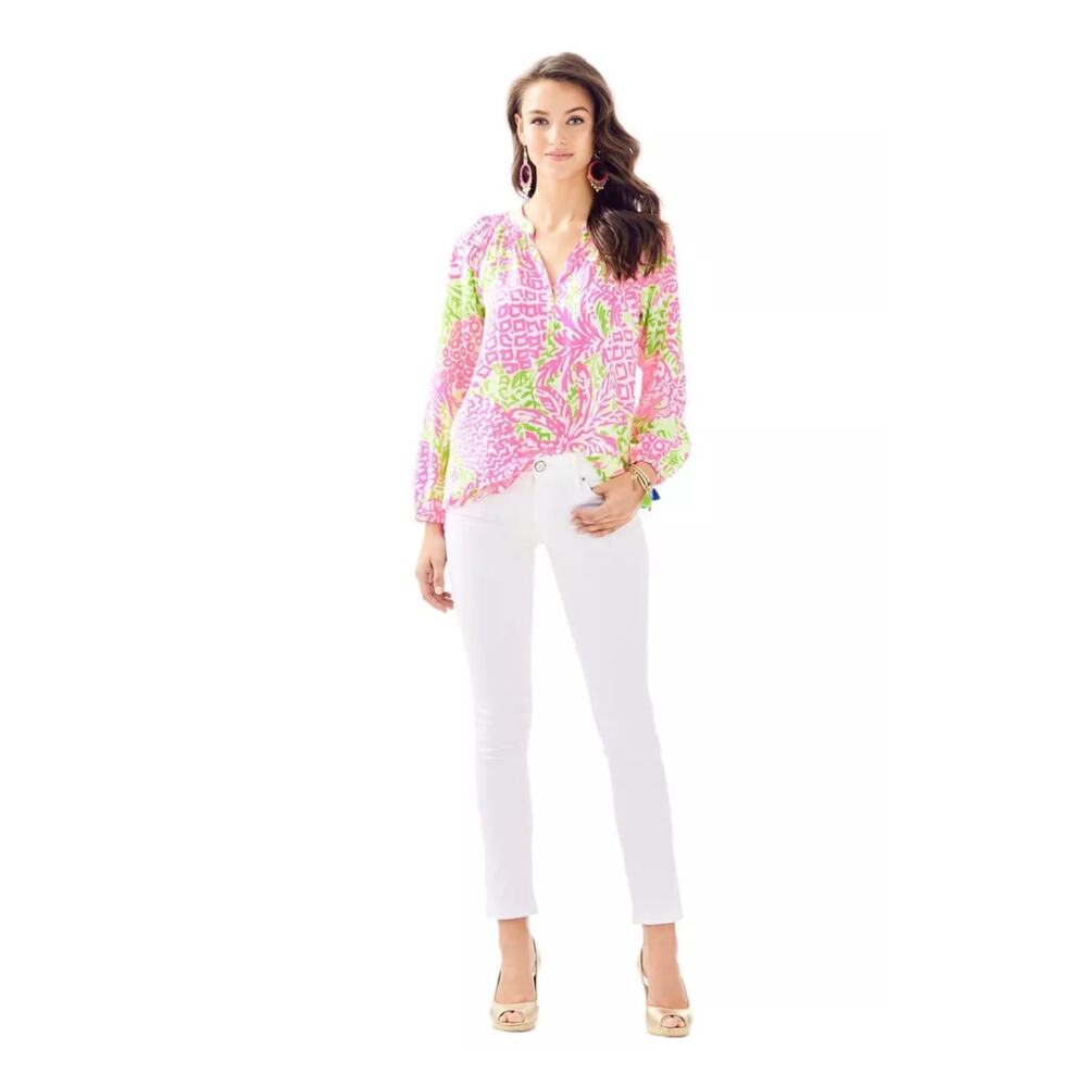 Lilly Pulitzer Pink&Green Silk Elsa Top Home Slice Pink Pineapple Sz.S - Picture 2 of 15